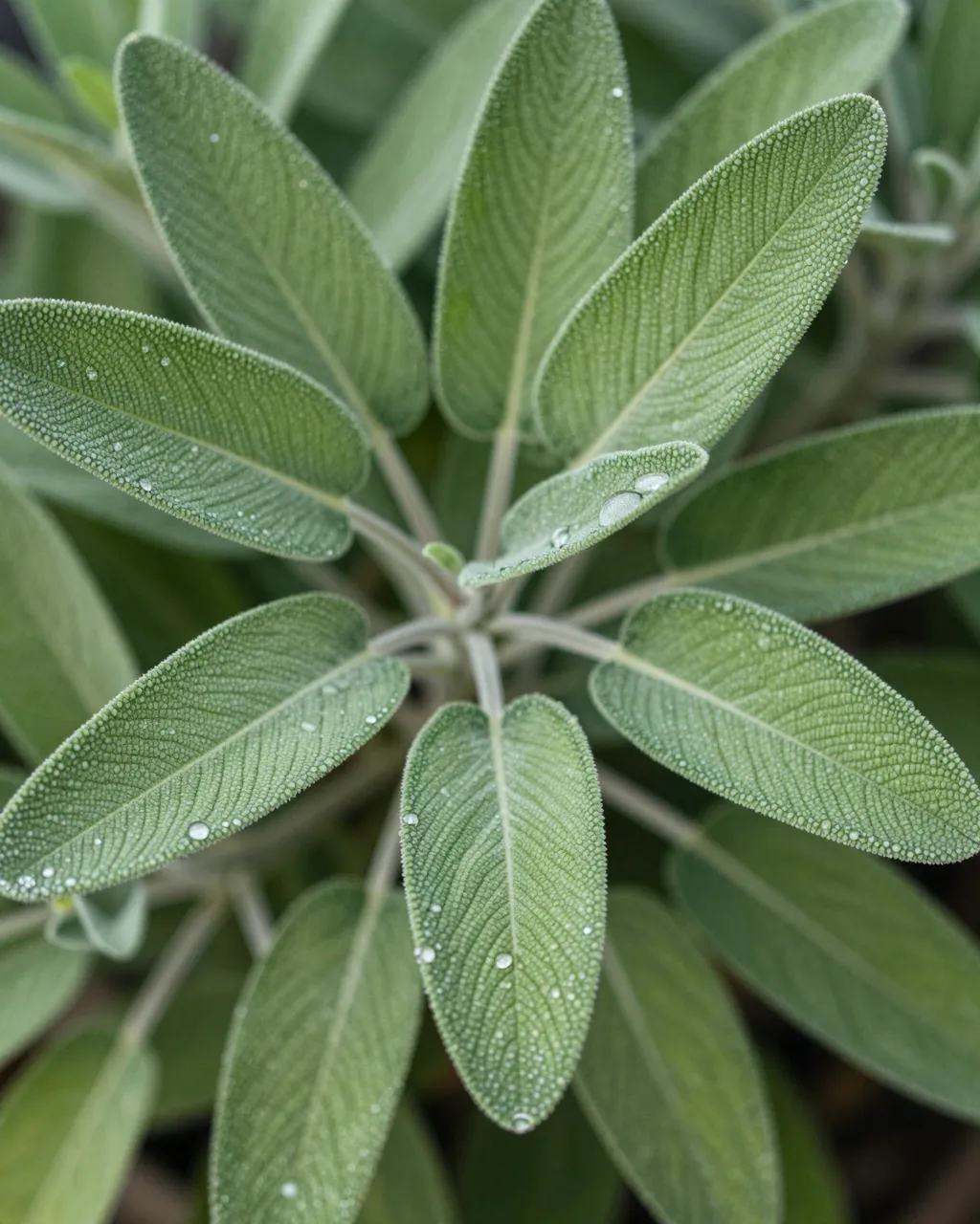 Close-up top-down view of fuzzy sage leaves dotted with glistening morning dew droplets