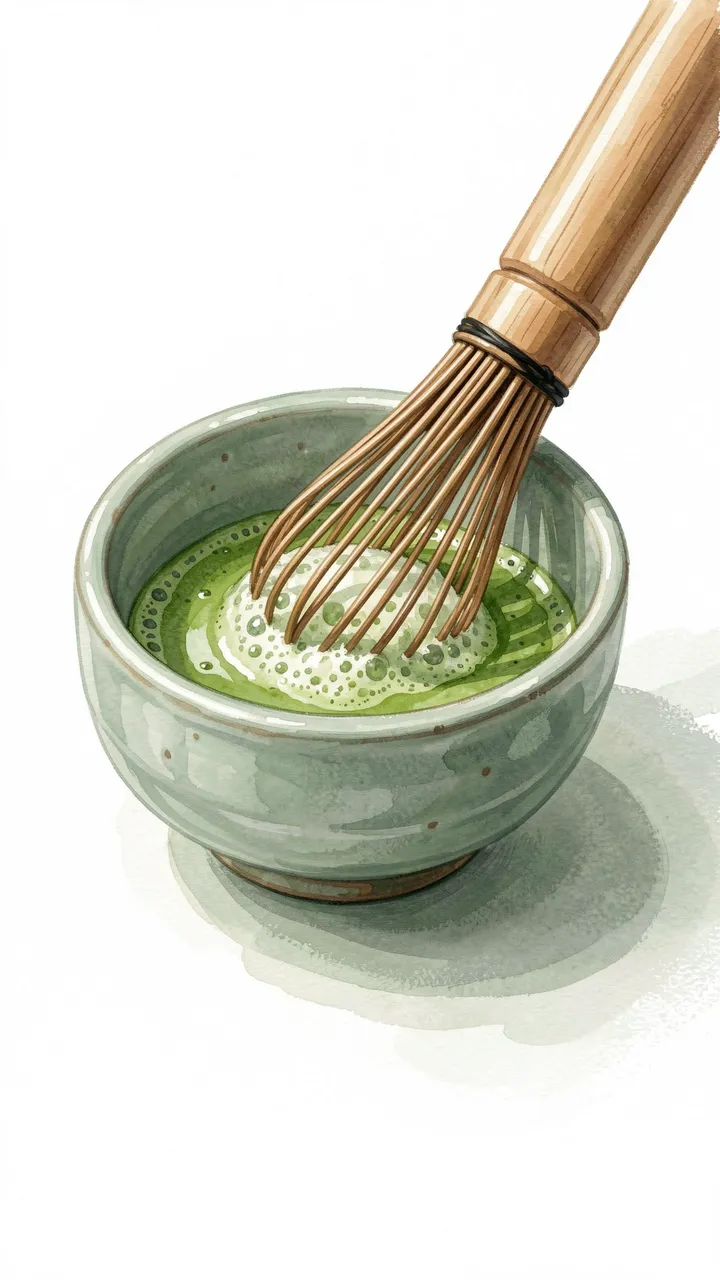 A gouache illustration of a whisk resting in frothy whisked matcha in a sage ceramic bowl