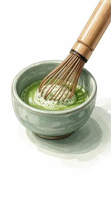A gouache illustration of a whisk resting in frothy whisked matcha in a sage ceramic bowl