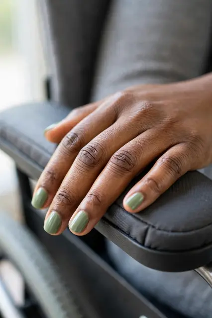 A close-up of a Black woman's hand with short sage green squoval nails resting on a padded wheelchair armrest in soft