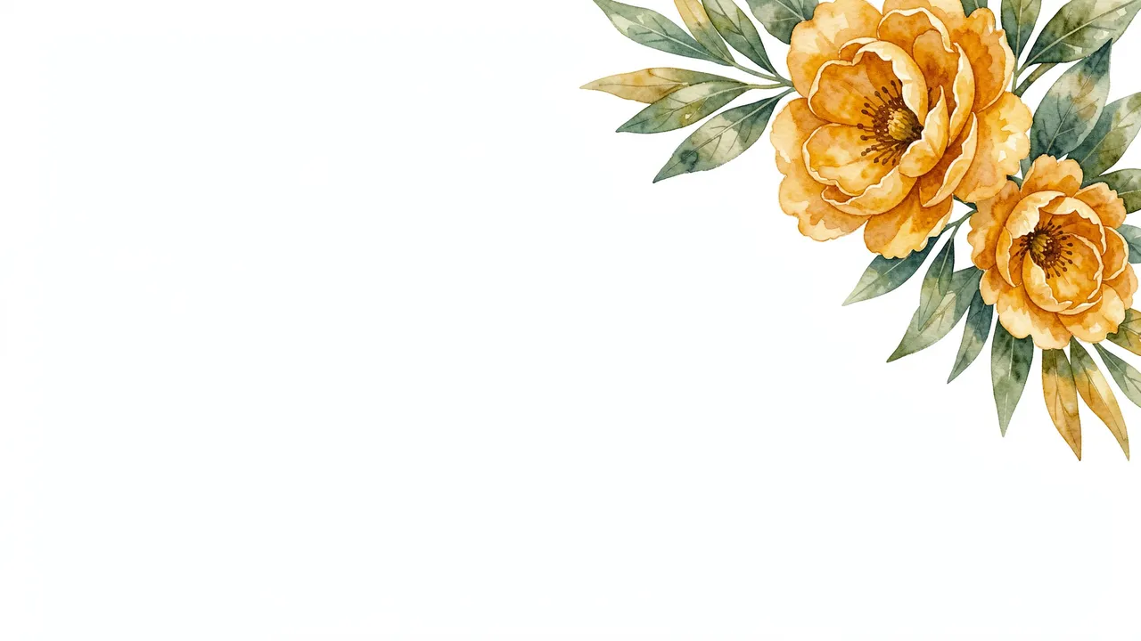 A soft watercolor floral arrangement of golden yellow flowers and sage green leaves sits in the top right corner of a blank