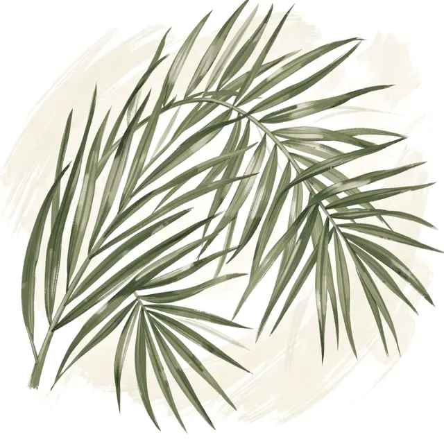 Hand-painted sage and olive palm fronds arranged over soft off-white airy brush strokes