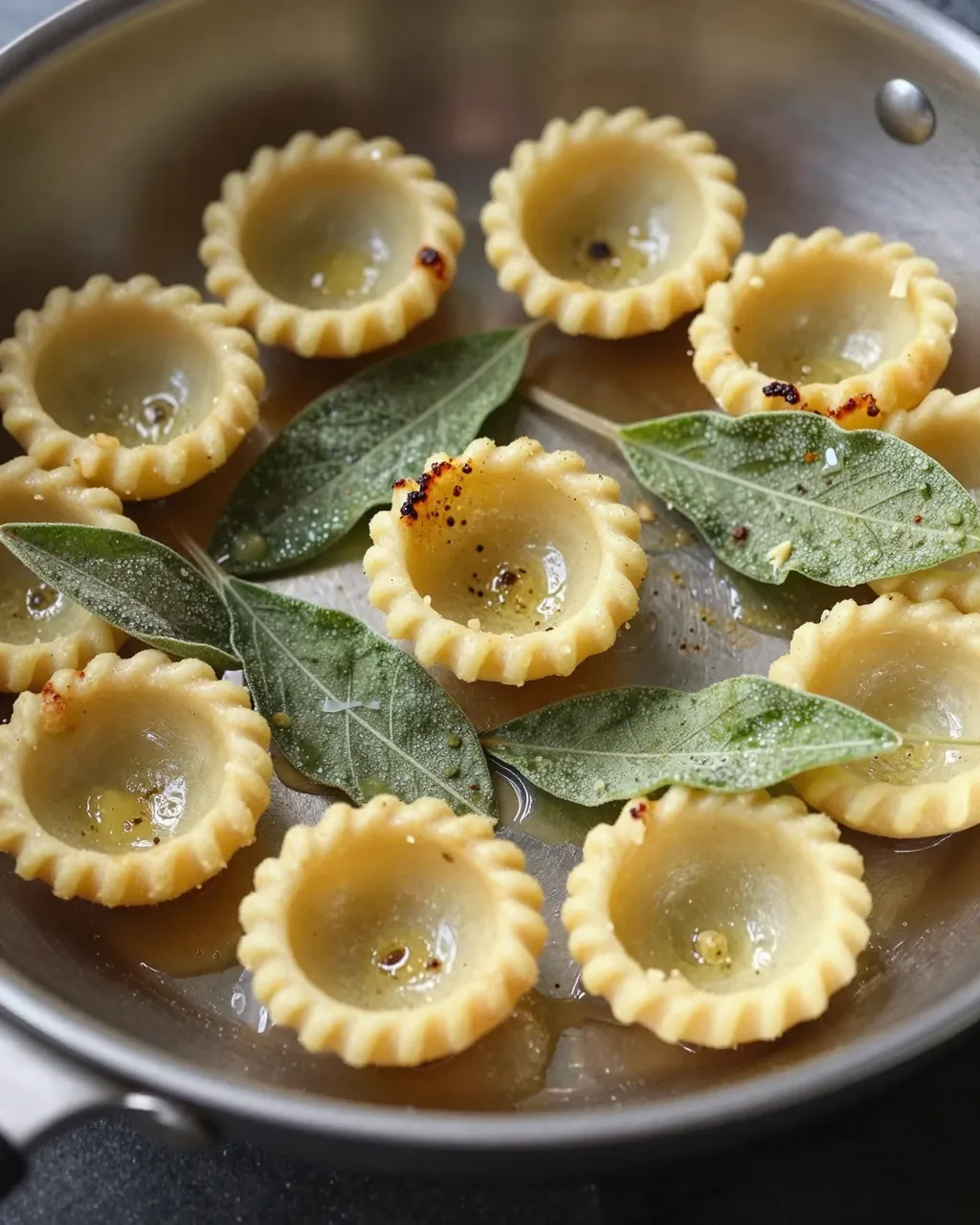 Cup shaped pasta pieces and crispy sage leaves rest in brown butter inside a stainless steel skillet