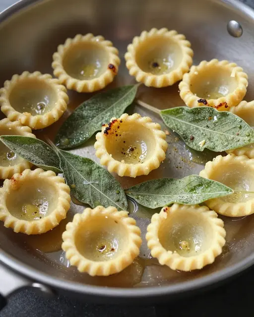 Cup shaped pasta pieces and crispy sage leaves rest in brown butter inside a stainless steel skillet
