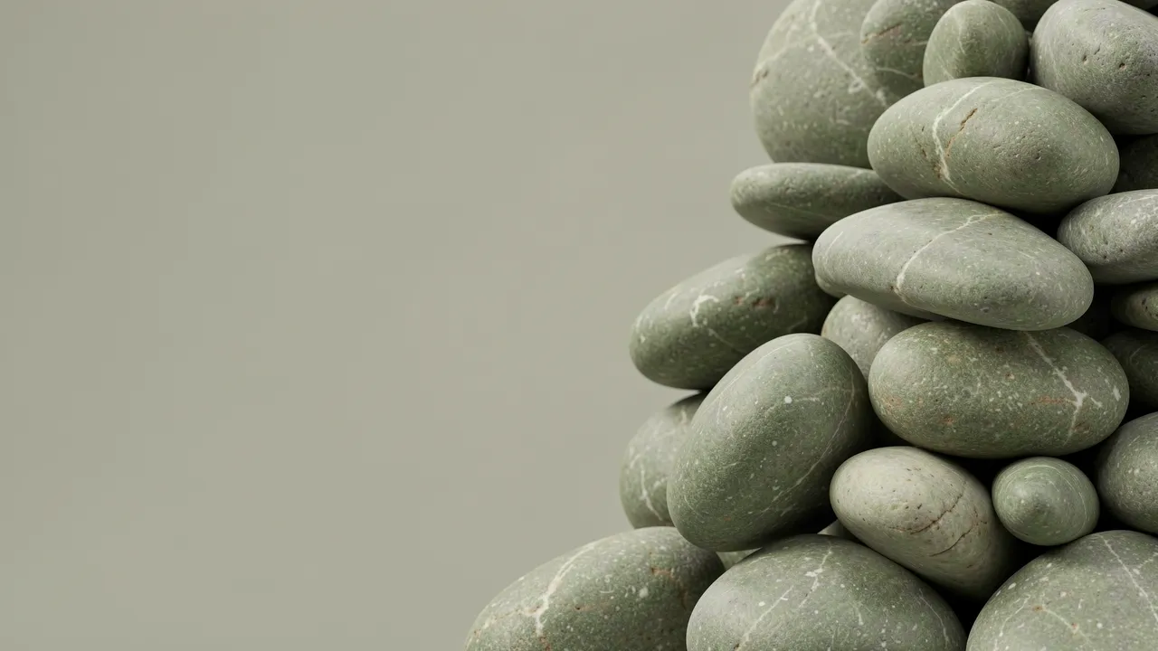 Stacked smooth sage and stone pebbles sit along the right edge of the frame, leaving empty copy space on the left
