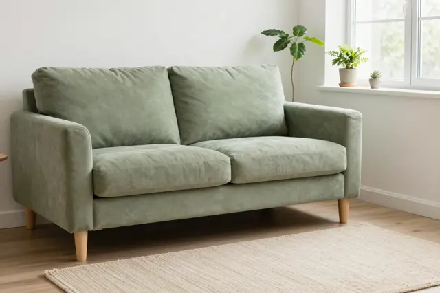 A sage green loveseat sits on a woven rug next to a sunlit window lined with houseplants in a small living room.
