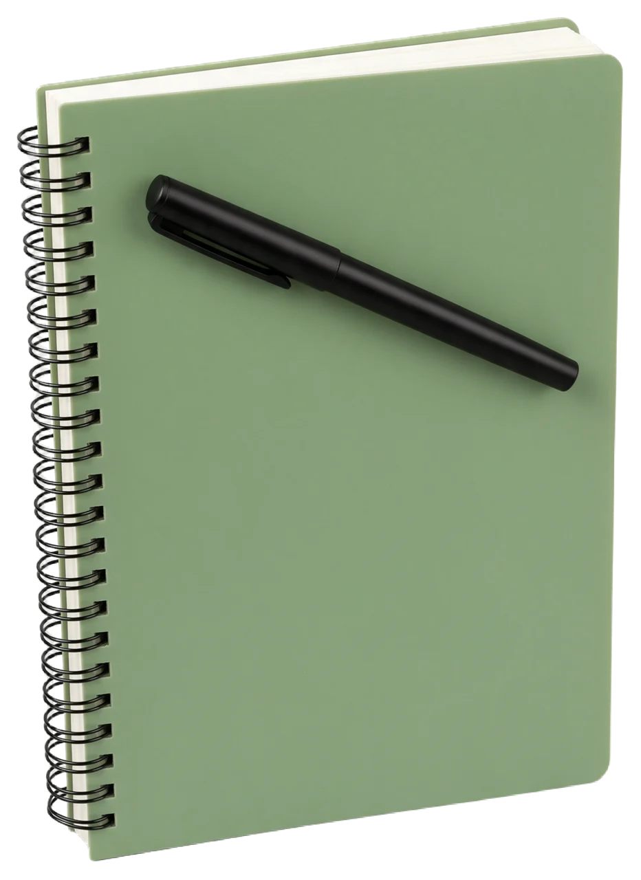 A closed plain sage green spiral notebook with a black pen resting on its cover