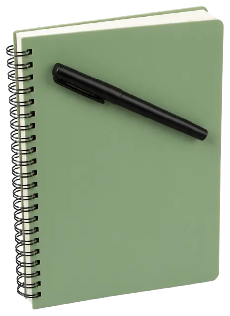 A closed plain sage green spiral notebook with a black pen resting on its cover