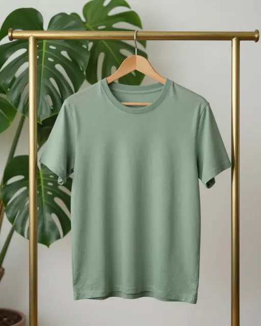 Plain sage green t-shirt hangs on a wooden hanger attached to a brass clothing rail next to a monstera plant.