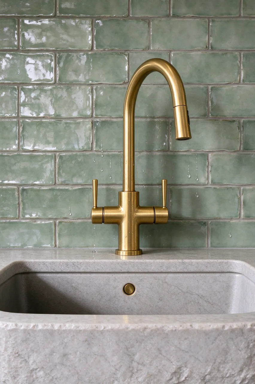 Close-up of an unlacquered brass faucet above a stone sink against a glossy sage zellige tile backsplash