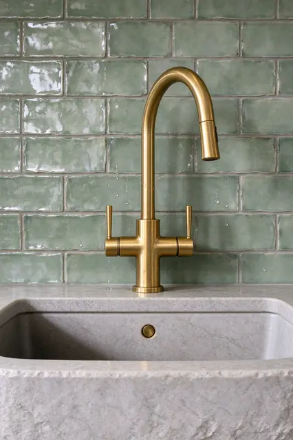 Close-up of an unlacquered brass faucet above a stone sink against a glossy sage zellige tile backsplash