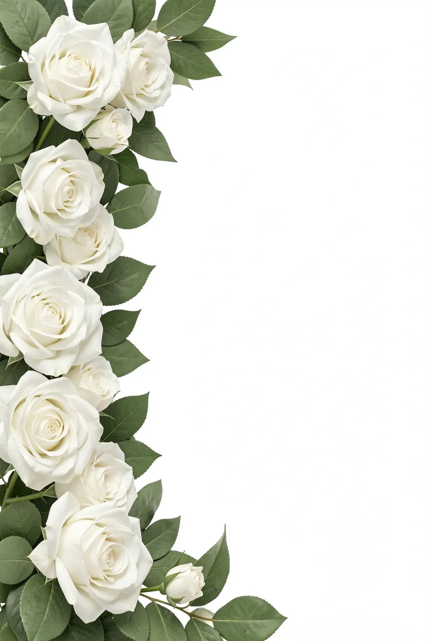 A vertical border of white roses and sage green leaves runs along the left edge of a blank white background.