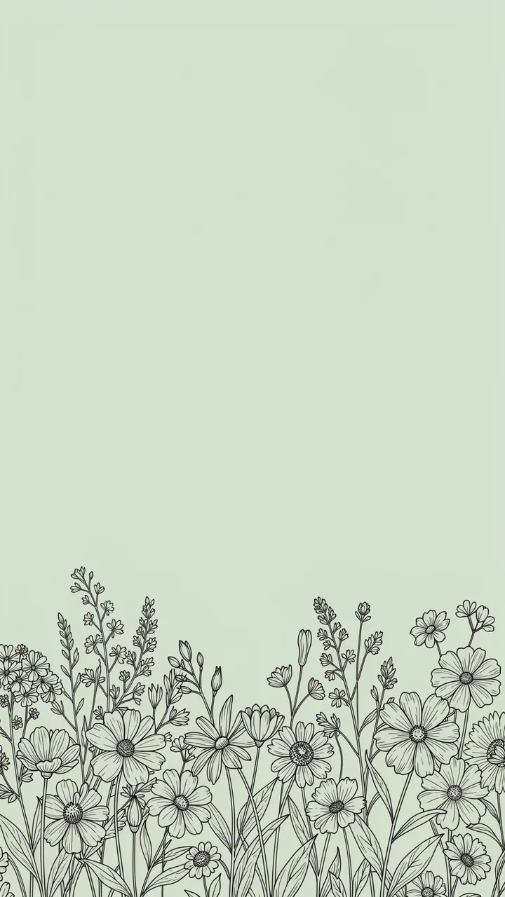 Delicate black wildflower line art along the bottom of a soft pale sage green vertical background with empty copy space above
