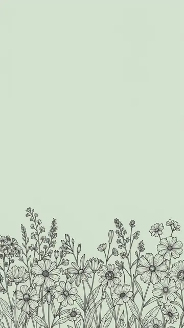 Delicate black wildflower line art along the bottom of a soft pale sage green vertical background with empty copy space above