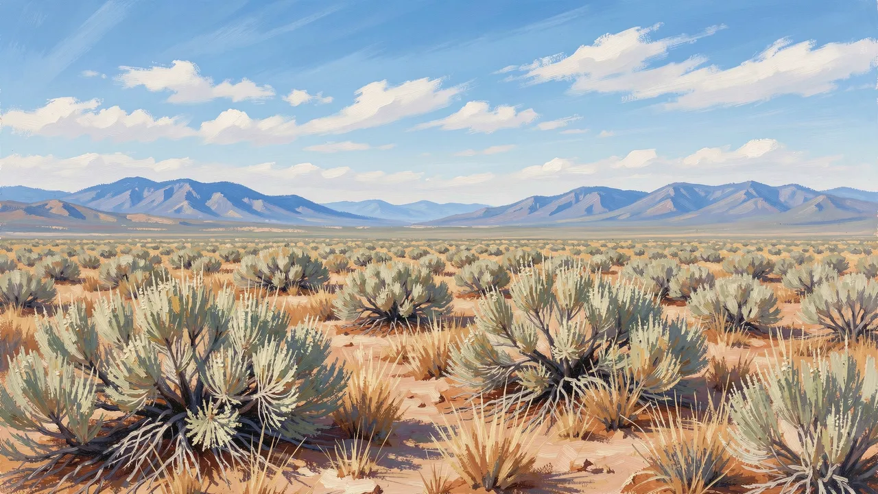 A plein air painting of a sagebrush desert valley under a bright wide sky with distant blue mountains