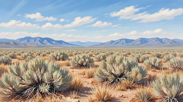 A plein air painting of a sagebrush desert valley under a bright wide sky with distant blue mountains