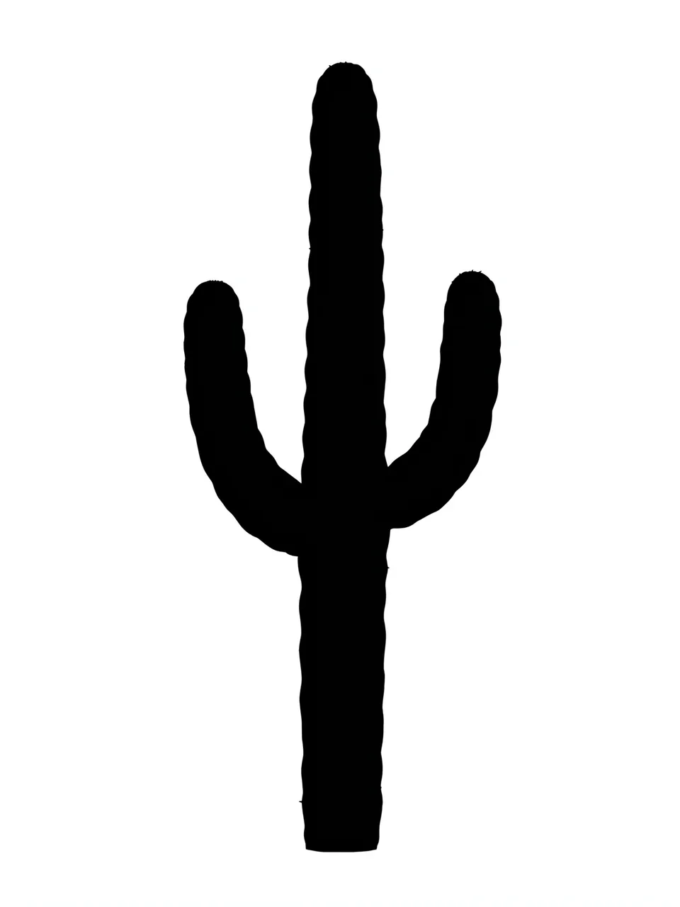Solid black saguaro cactus silhouette with two upturned arms centered on a plain white background