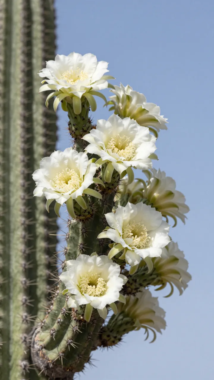 Close-up of creamy white saguaro blossoms on a cactus arm against a clear blue sky