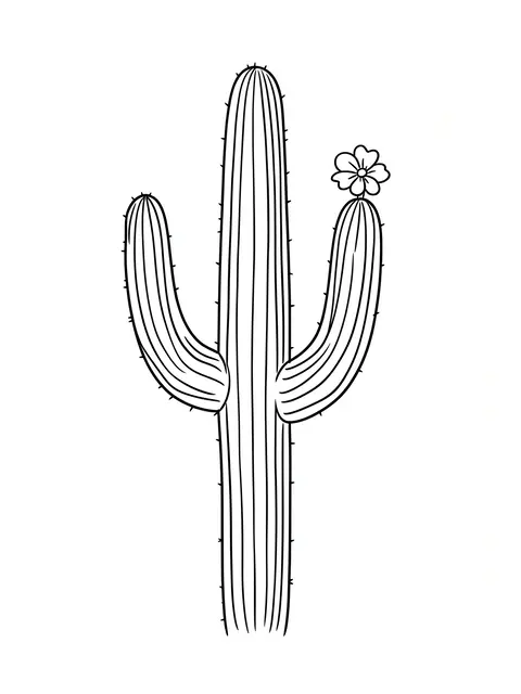 Simple black line drawing of a saguaro cactus with two arms and one flower on plain white background