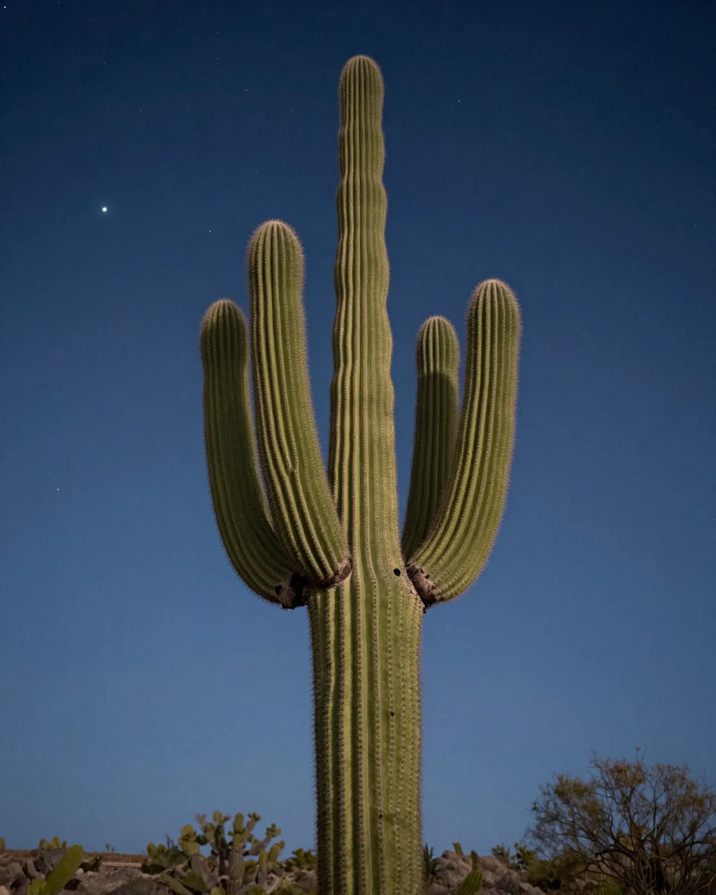 A tall saguaro cactus with multiple raised arms stands beneath a dark starry desert night sky
