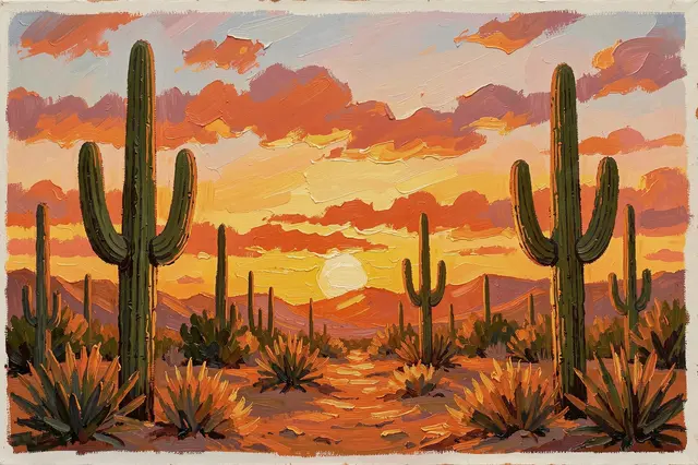 Impasto oil painting of a desert landscape with tall saguaro cacti under a vivid warm sunset sky