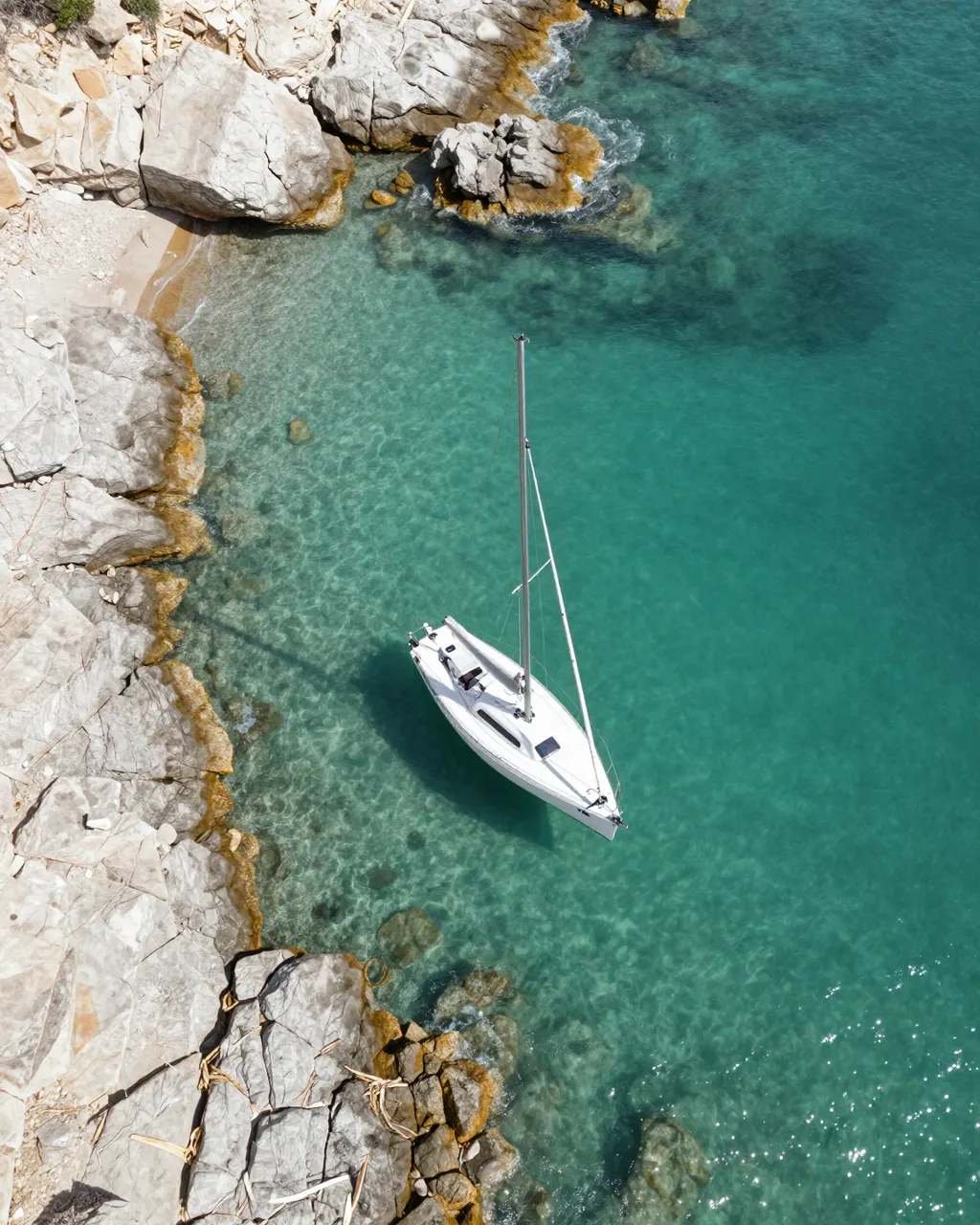 Aerial top-down view of a white sailboat anchored in clear turquoise water beside pale rocky shoreline.