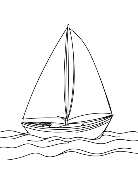 Unbroken black one-line drawing of a sailboat with two sails floating on wavy sea against a plain white background