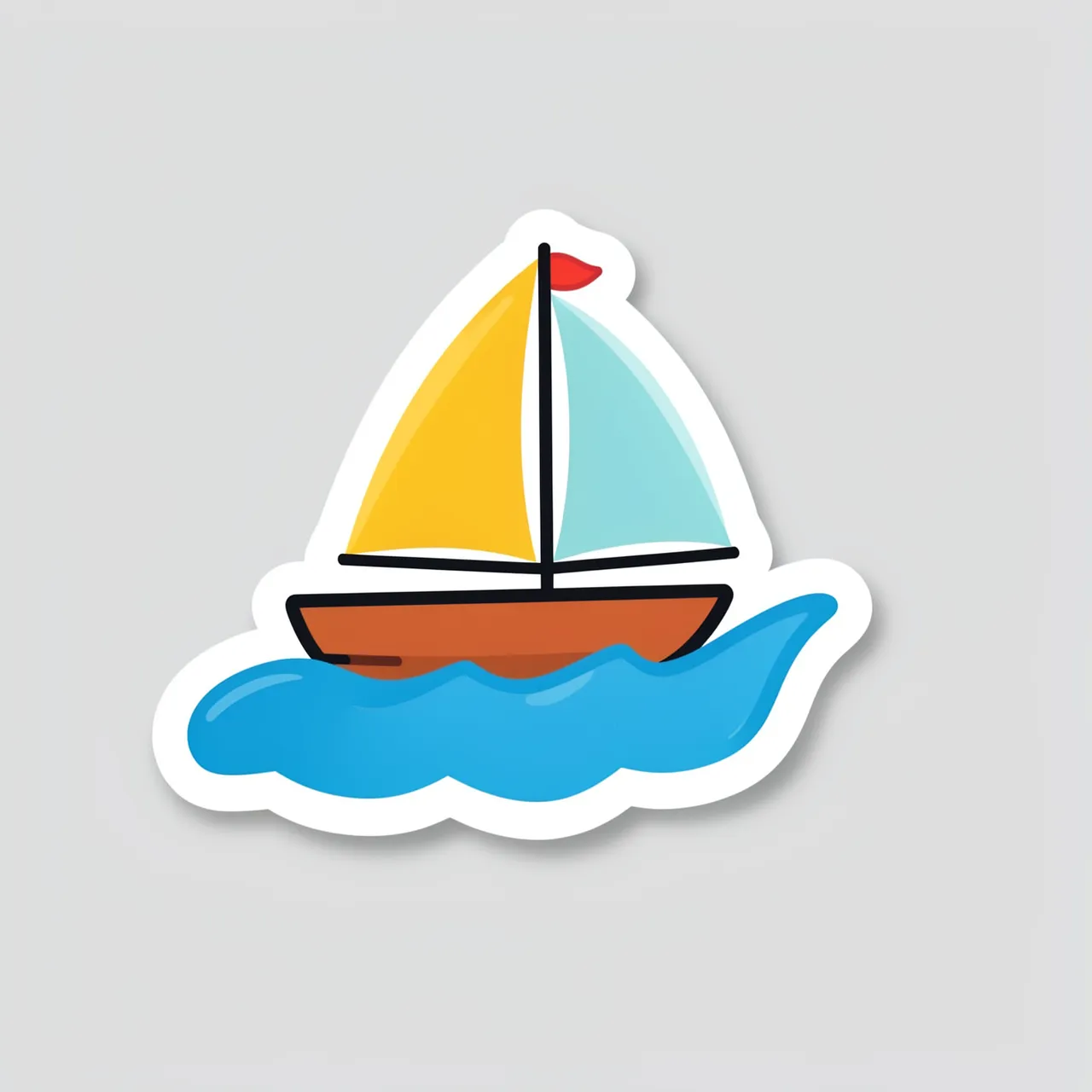 Cute flat illustration sailboat sticker with thick white border sits on a blue wave against a light gray background