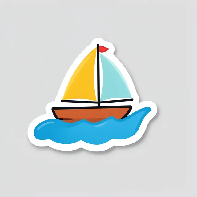 Cute flat illustration sailboat sticker with thick white border sits on a blue wave against a light gray background