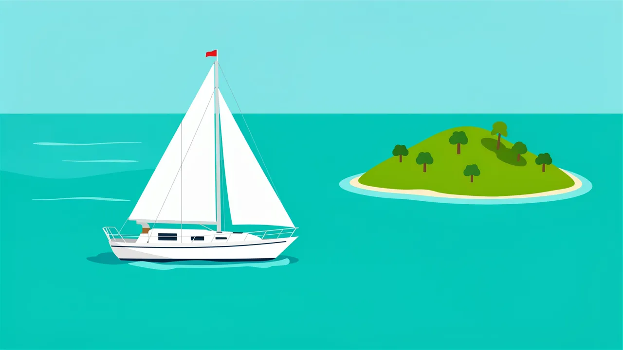 A white sailboat floats on turquoise sea beside a small green tree-covered island under a pale blue sky
