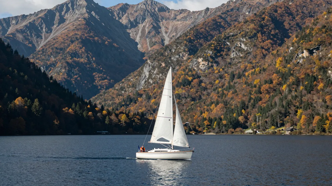 A small white sailboat glides across a calm blue lake below rugged autumn-covered mountain peaks.