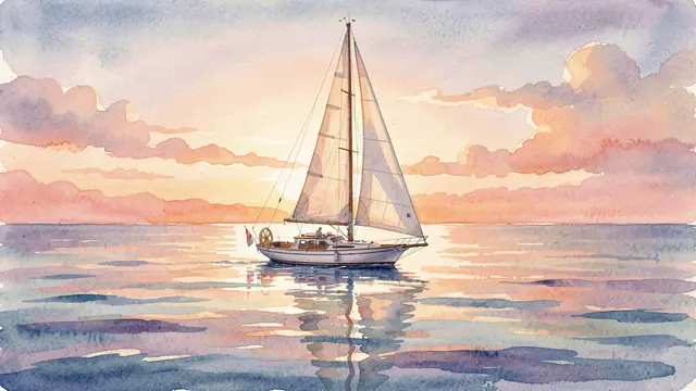 Watercolor painting of a sailboat floating on still reflective sea under a pastel dawn sky