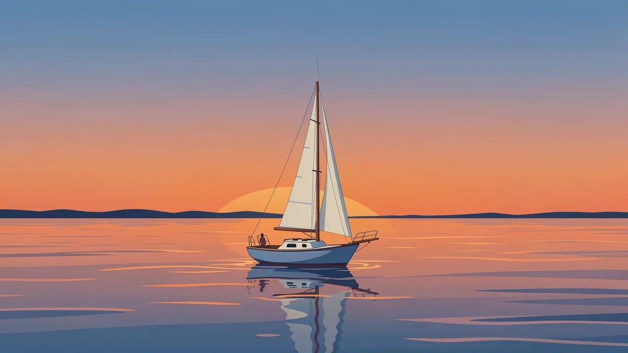 A small sailboat floats on still reflective water beneath a gradient orange and blue sunset sky with distant hills.