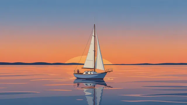 A small sailboat floats on still reflective water beneath a gradient orange and blue sunset sky with distant hills.