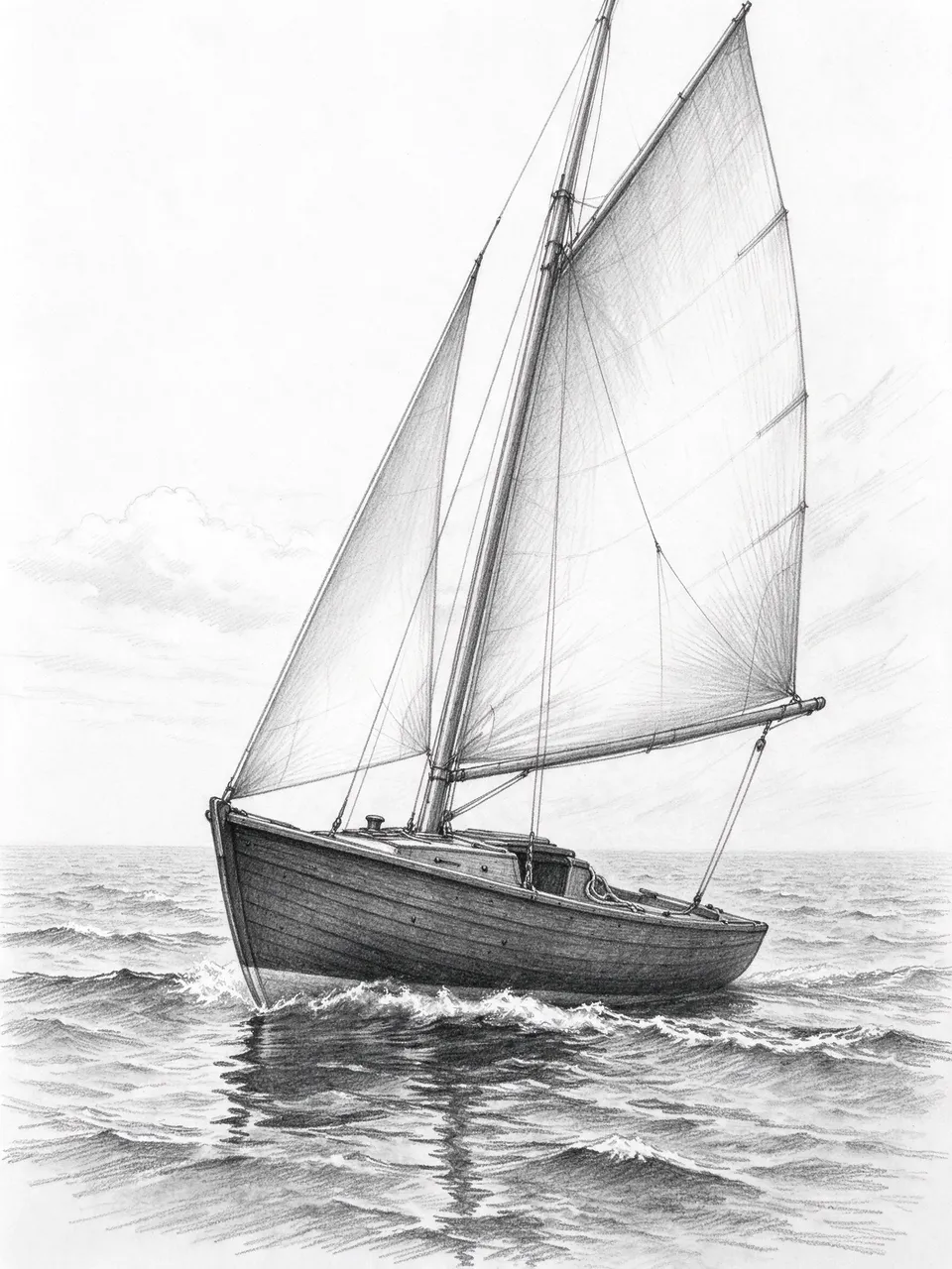 Graphite pencil sketch of a wooden sailboat with plain sails leaning through choppy open water