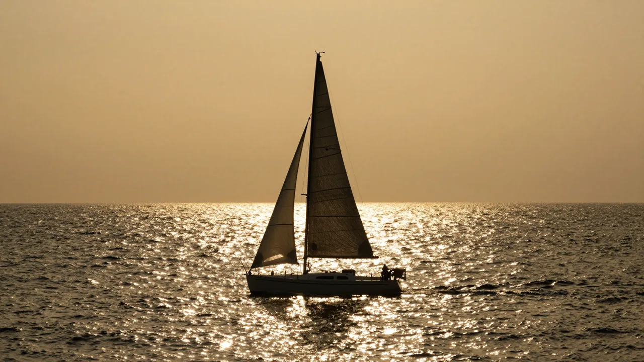Silhouetted sailboat floats on glittering golden sunlit sea at sunset