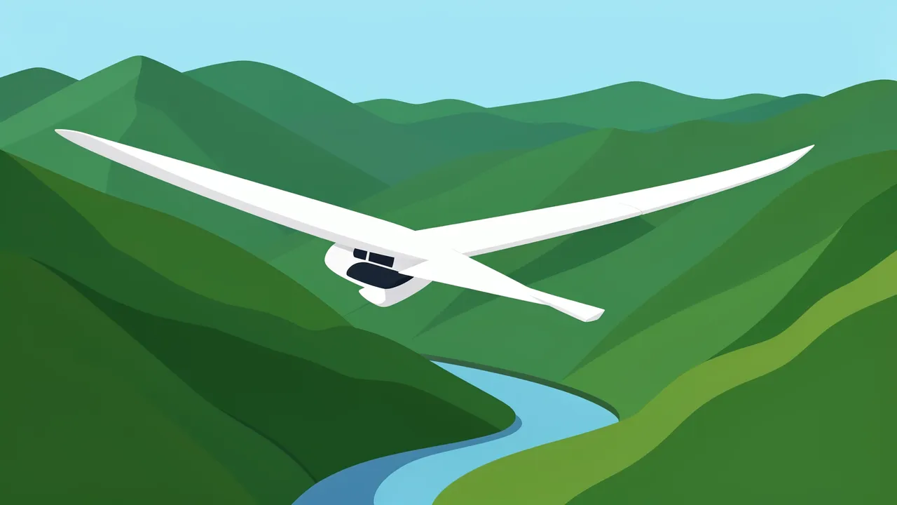 A white sailplane with long slender wings soars above green rolling ridges and a winding blue river under a pale blue sky