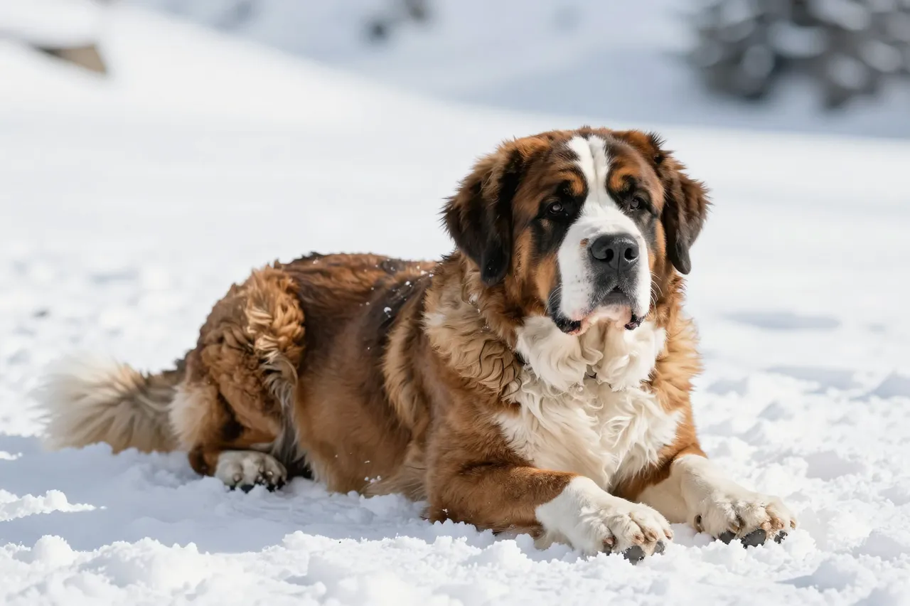 A fluffy Saint Bernard dog rests calmly on bright white snow in a mountain setting.