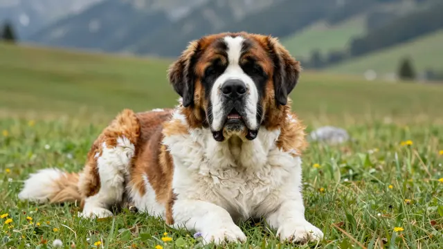A fluffy red and white Saint Bernard lies calmly in a green wildflower-dotted mountain meadow