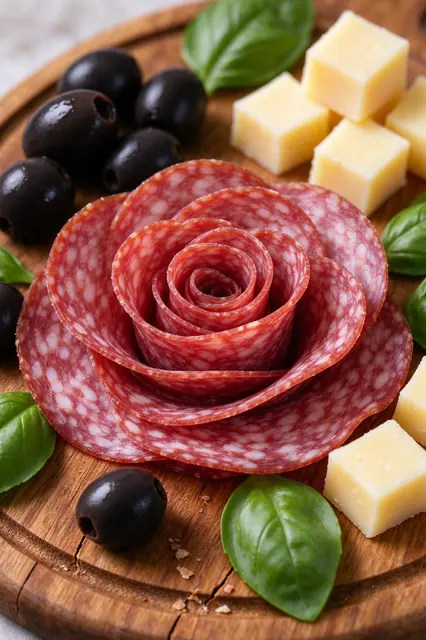 Close-up of a folded salami rose arranged with olives, cheese cubes and basil on a wooden charcuterie board