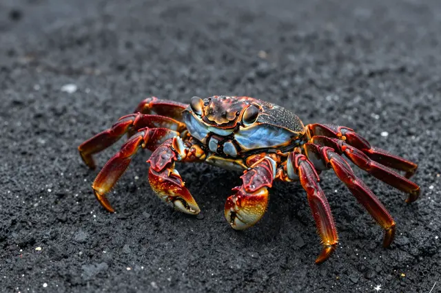 A colorful sally lightfoot crab rests on rough black volcanic ground.