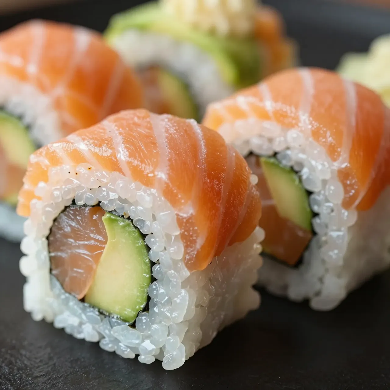 Macro close-up of cut salmon avocado maki sushi rolls resting on a dark plate
