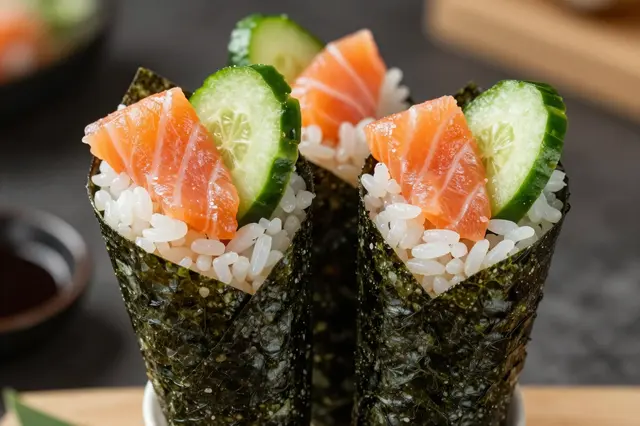 Three temaki sushi cones filled with rice, raw salmon and fresh cucumber sit in a small dish with soy sauce nearby