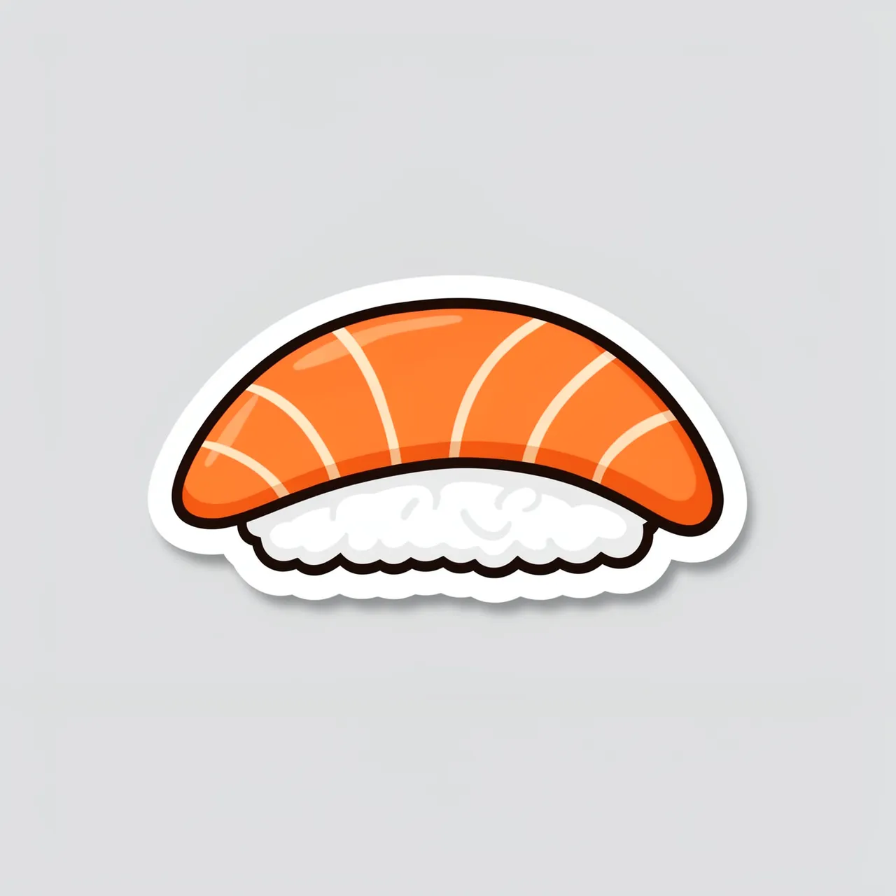 Cute flat illustration of a salmon nigiri die-cut sticker on a plain light gray background