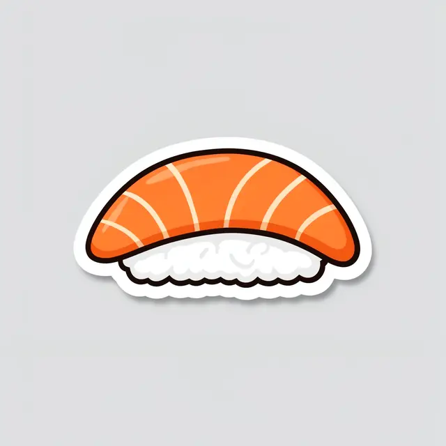 Cute flat illustration of a salmon nigiri die-cut sticker on a plain light gray background