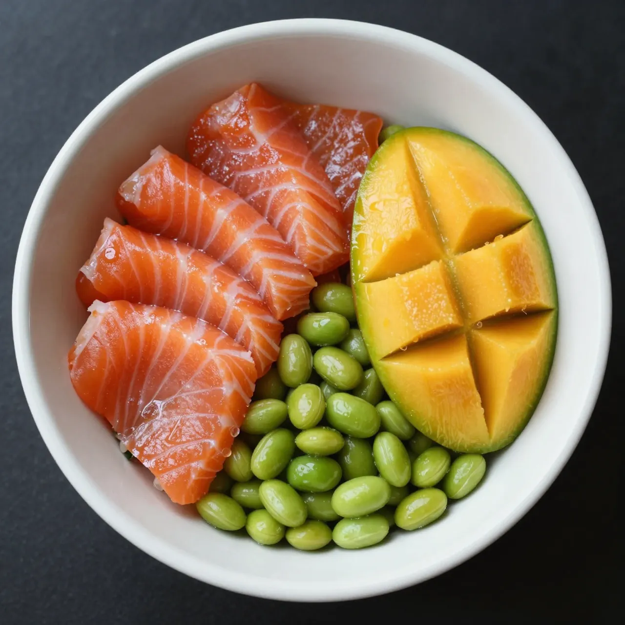 High angle view of a white bowl holding raw salmon, edamame beans and sliced mango on a dark surface