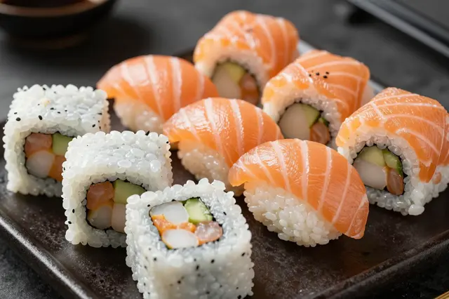 Assorted salmon nigiri and maki sushi arranged on a dark ceramic serving plate
