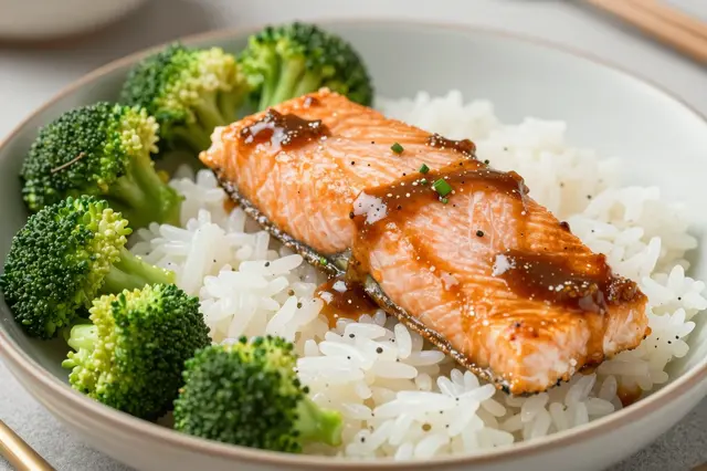 A bowl holds glazed teriyaki salmon, fluffy steamed white rice, and fresh green broccoli florets.