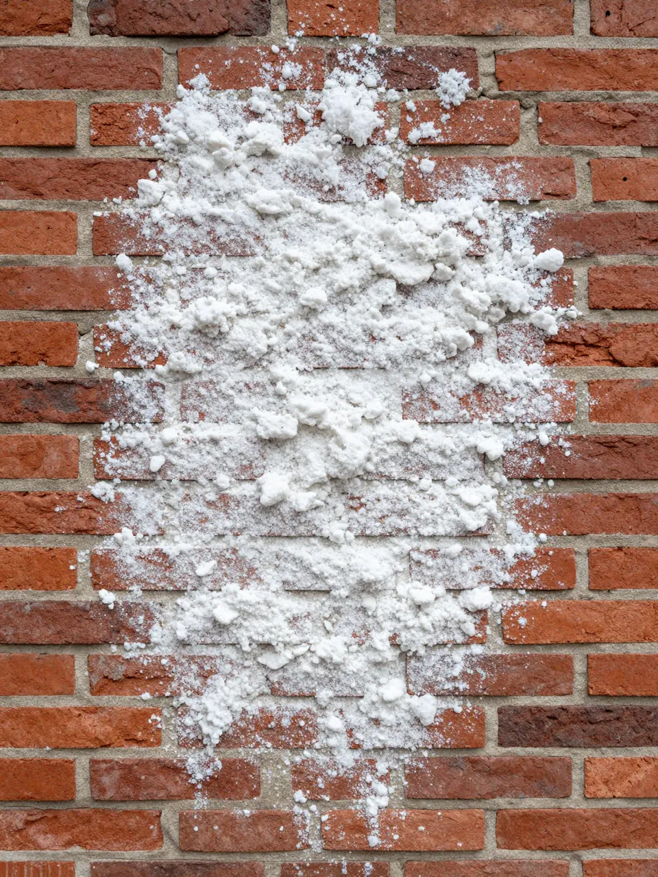 White efflorescent salt bloom crusts across the surface of an old red brick wall with grey mortar.