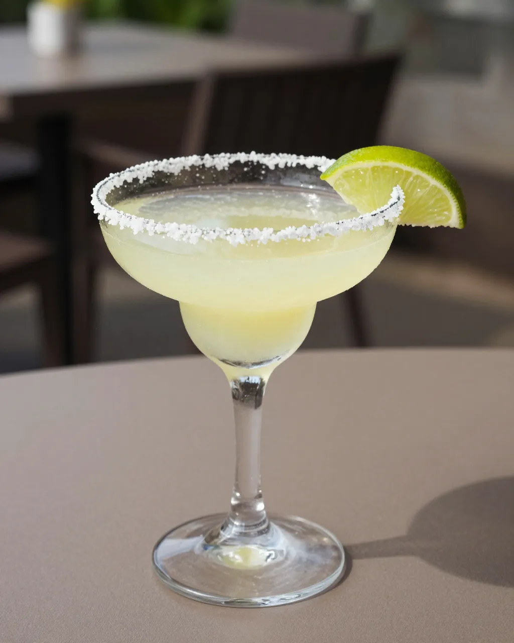 A salt-rimmed margarita cocktail with a lime wedge sits on an outdoor patio table in bright sunlight.